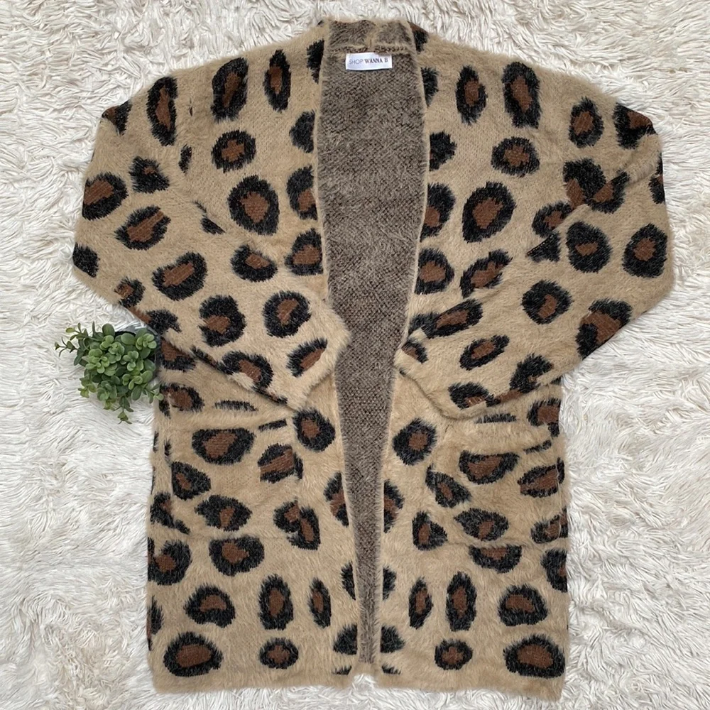 Wanna B Leopard Eyelash Open Cardigan 💗 Tan Brown & Black - Picture 4 of 13